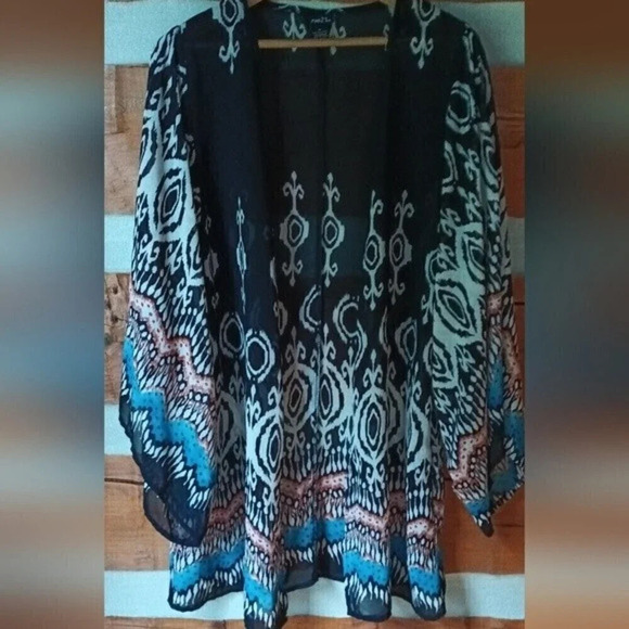 3/$25 Boho western turquoise rust kimono wide sleeves multi color medium - Picture 1 of 6